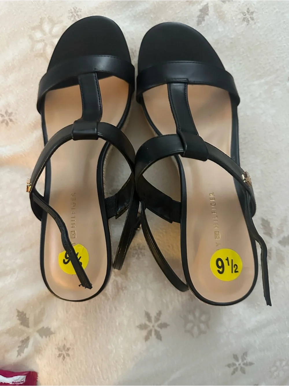 Tommy Hilfiger Black Leather Espadrille Wedge Sandals